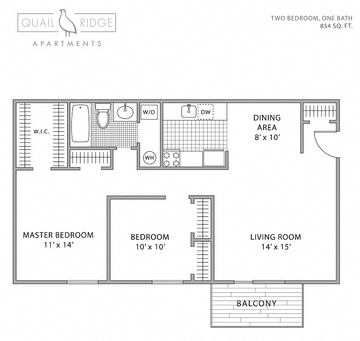 Floor plan for 2 beds, 1 bath, 854 sqft